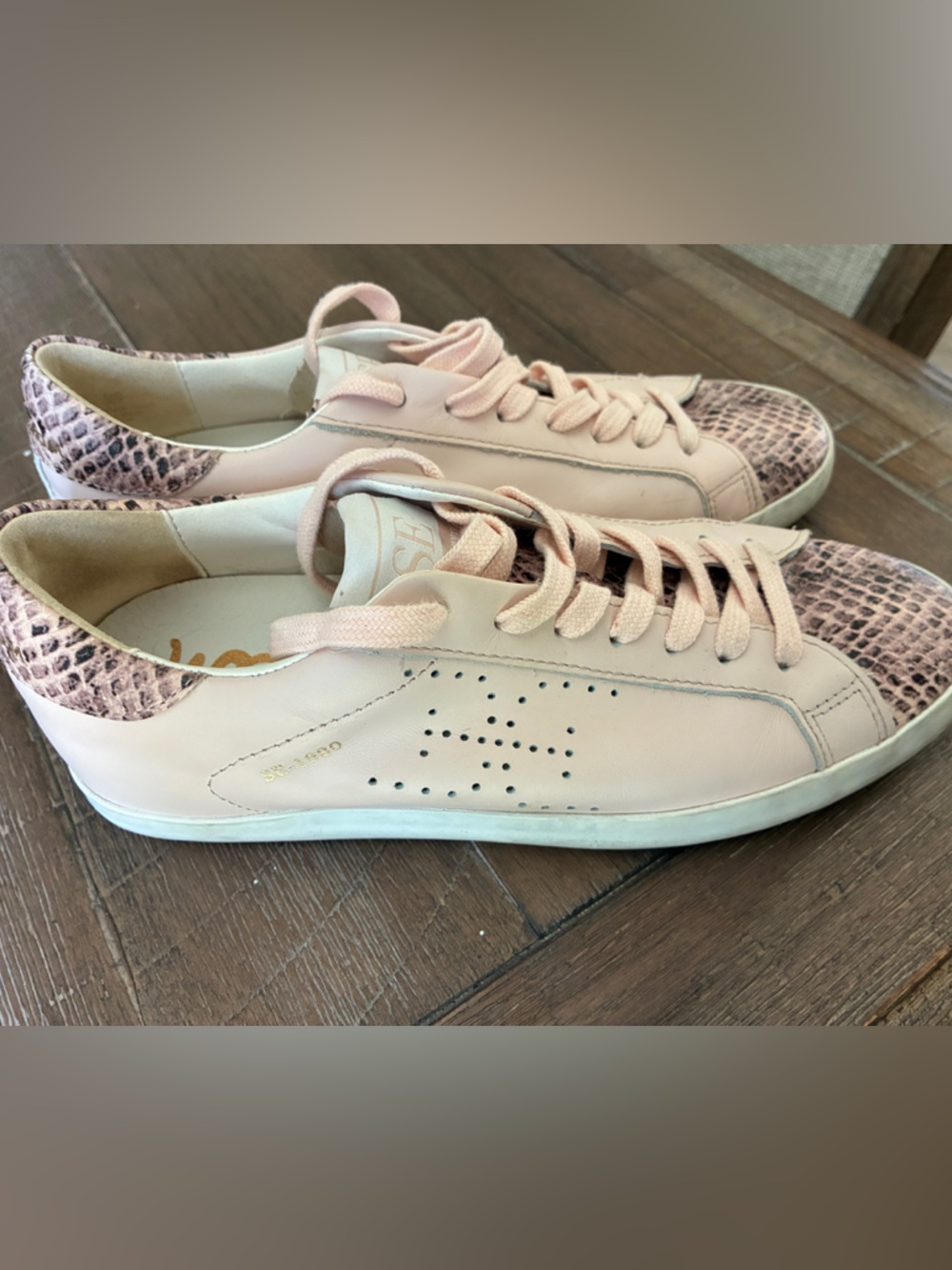 Sam Edelman Pale Pink Leather Sneakers with Snake-Print Accents